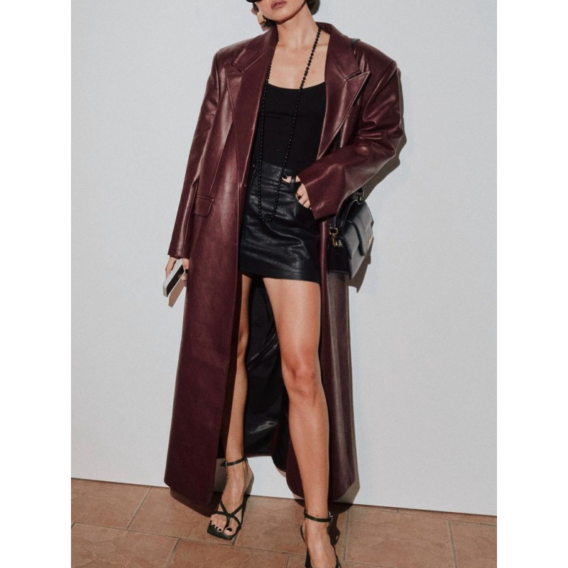 Women Autumn Long Leather Jack - Streetwear Brand Belts ulasan dan harga